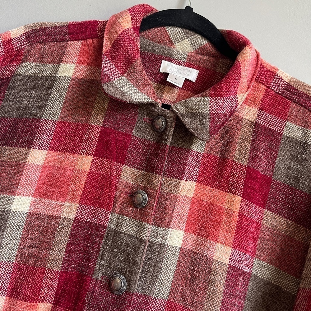 Vintage Christopher & Banks Cozy Red Multi Plaid Chenille Oversized Jacket EUC - Picture 2 of 9